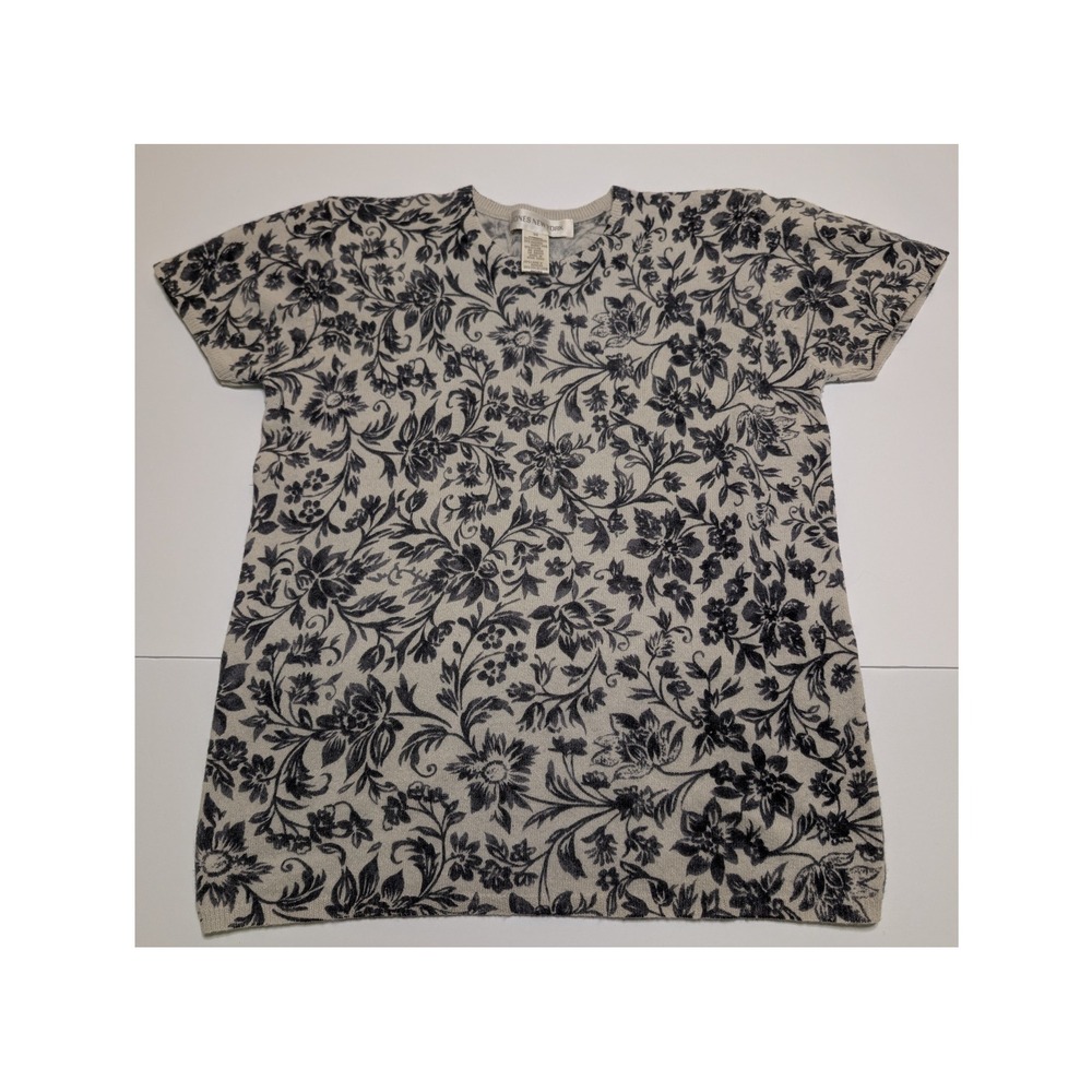 Jones New York Womens Floral Toile Lambswool Angora Knit Short Sleeve Sweater M